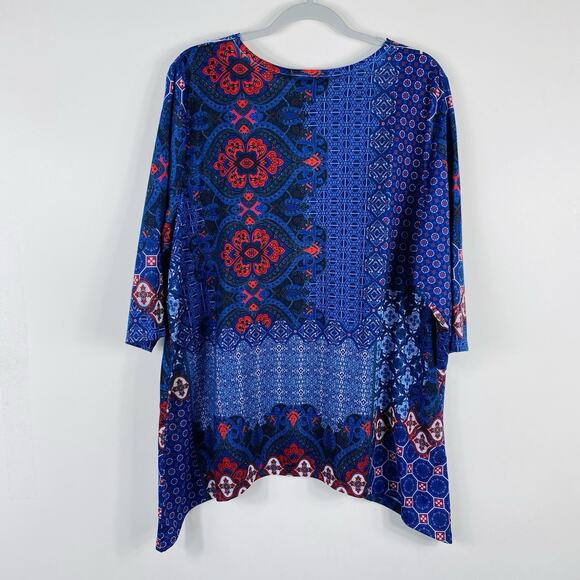 Catherines Plus Size 0X 14 16 Printed Embellished Peasant Top Blue Red - Picture 2 of 5